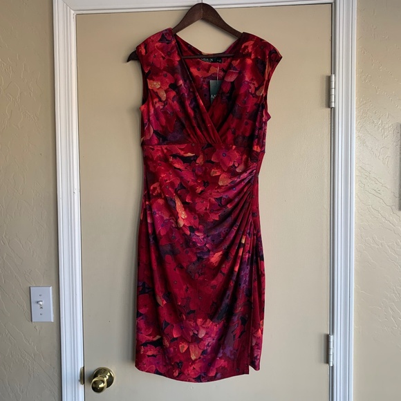 Lauren Ralph Lauren Opera Red Floral Ruched Dress Sz.10 V- neck Cross Over Knit - Picture 1 of 15